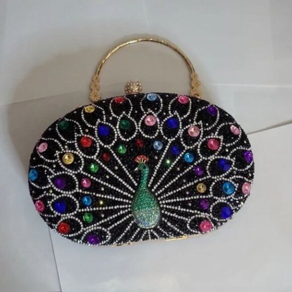 Handbags - Evening Bag Rhinestones Peacock Black Green Multicolor Shoulder Clutch NEW